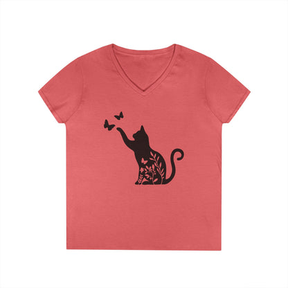 Cat and Butterflies V-Neck Tee