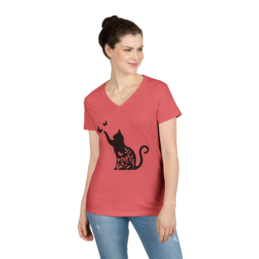 Cat and Butterflies V-Neck Tee